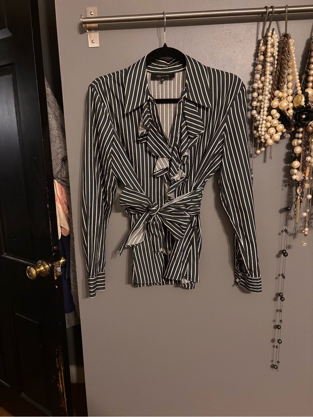 Jones New York Black and White Striped Ruffle Wrap Blouse